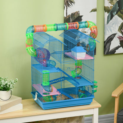 PawHut Gaiola de hamster Habitat de pequenos animais com várias plataformas, sistema de tubos 47x30x59 cm azul