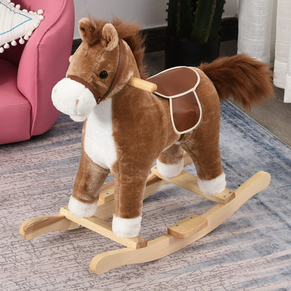 Cavalo de balanço para crianças acima de 36 meses Brinquedo de balanço macio com música Sons relinchos de galope Boca e cauda móveis 65x32,5x61 cm Marrom