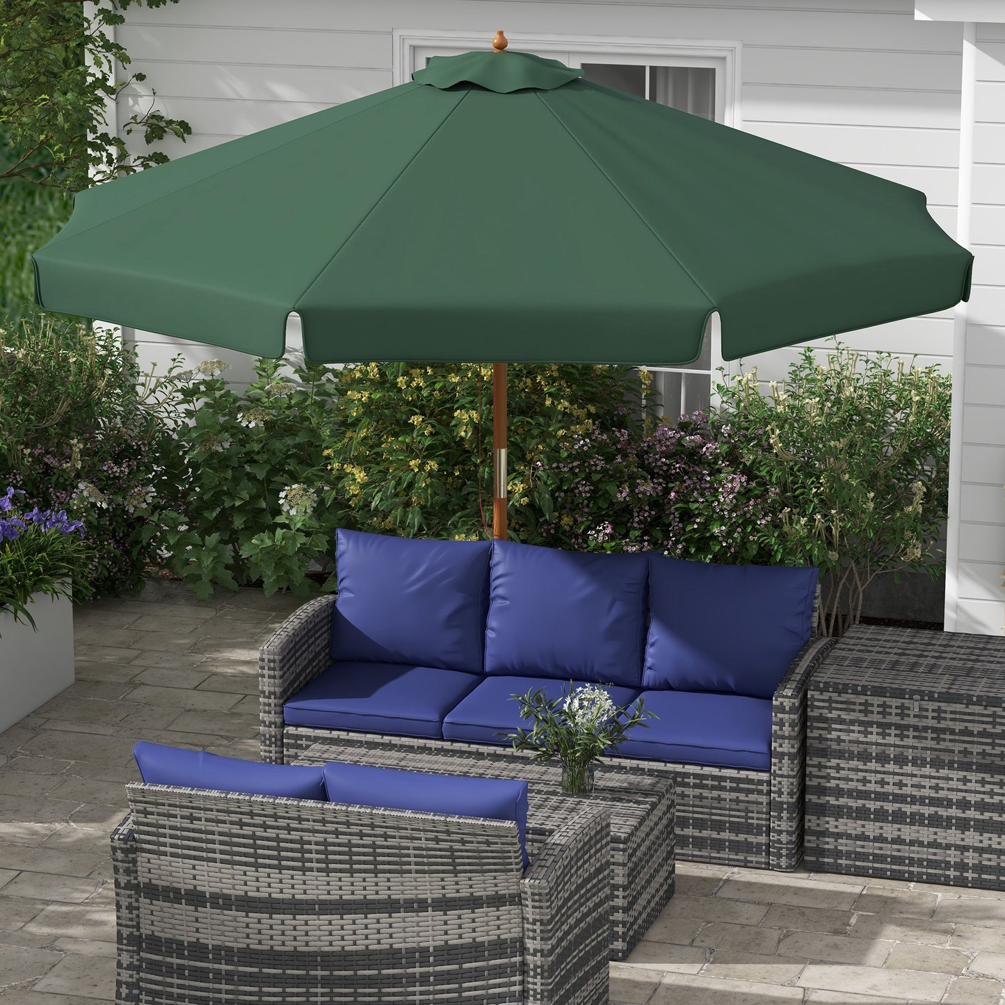 Outsunny Chapéu de Sol de Jardim Ø325x250 cm Chapéu de Sol de Madeira com Sistema de Polea Teto com Ventilação e 8 Hastes de Bambú para Terraço Balcão Exterior Verde