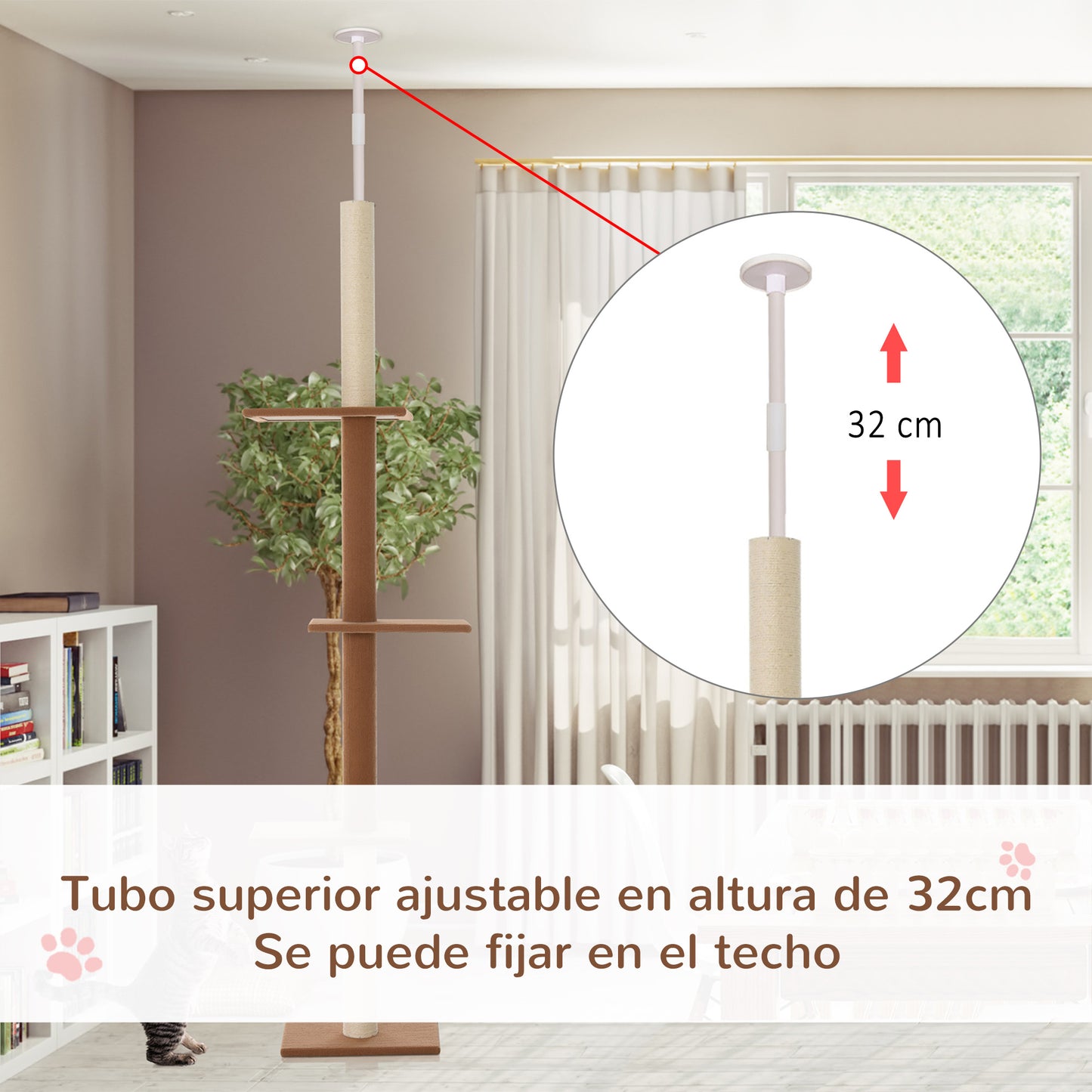 PawHut Arranhador para Gatos de Chão ao Teto 43x27x228-260 cm Torre para Gatos com Altura Ajustável 4 Plataformas e Poste de Sisal Marrom Escuro