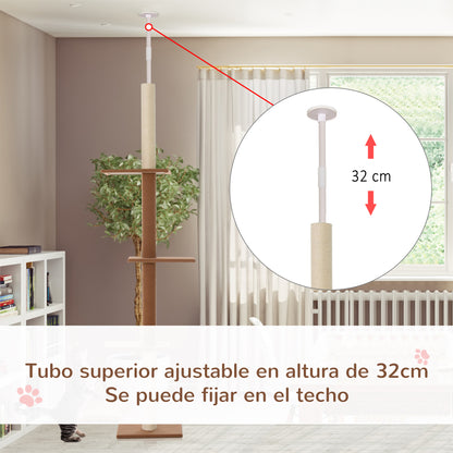 PawHut Arranhador para Gatos de Chão ao Teto 43x27x228-260 cm Torre para Gatos com Altura Ajustável 4 Plataformas e Poste de Sisal Marrom Escuro