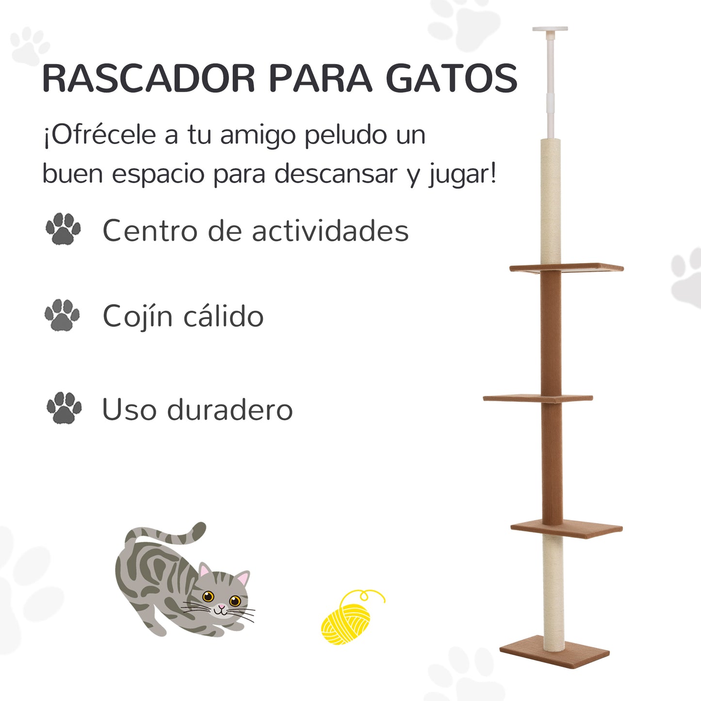 PawHut Arranhador para Gatos de Chão ao Teto 43x27x228-260 cm Torre para Gatos com Altura Ajustável 4 Plataformas e Poste de Sisal Marrom Escuro