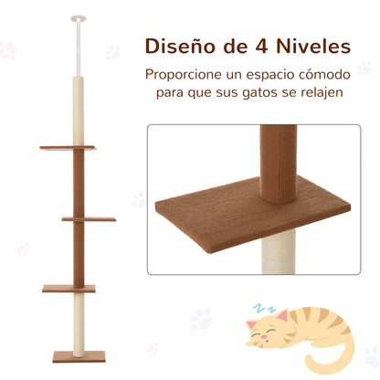 PawHut Arranhador para Gatos de Chão ao Teto 43x27x228-260 cm Torre para Gatos com Altura Ajustável 4 Plataformas e Poste de Sisal Marrom Escuro