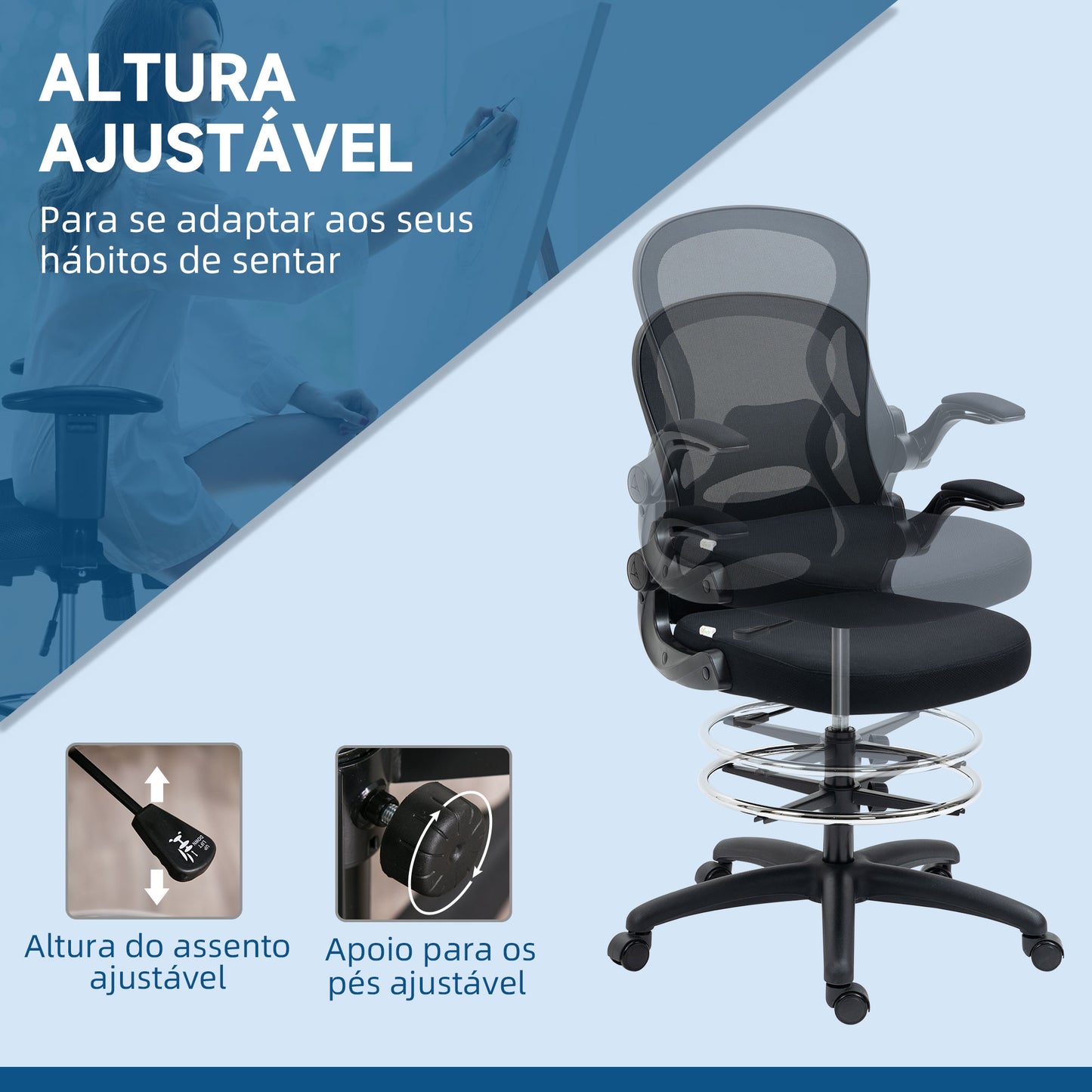 Vinsetto Cadeira de Escritório com Encosto Médio Suporte Lombar Apoio para os Braços Dobrável e Altura Ajustável Carga Máxima 120kg 59x65x110-130cm Preto