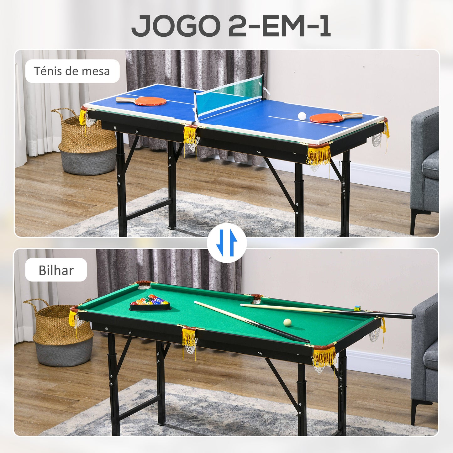 SPORTNOW 2 em 1 Mesa Multijogos para Crianças de 6+ Anos Mesa de Bilhar e Ping Pong Dobrável com Altura Ajustável e Acessórios 140x63x60-80 cm Multicolor