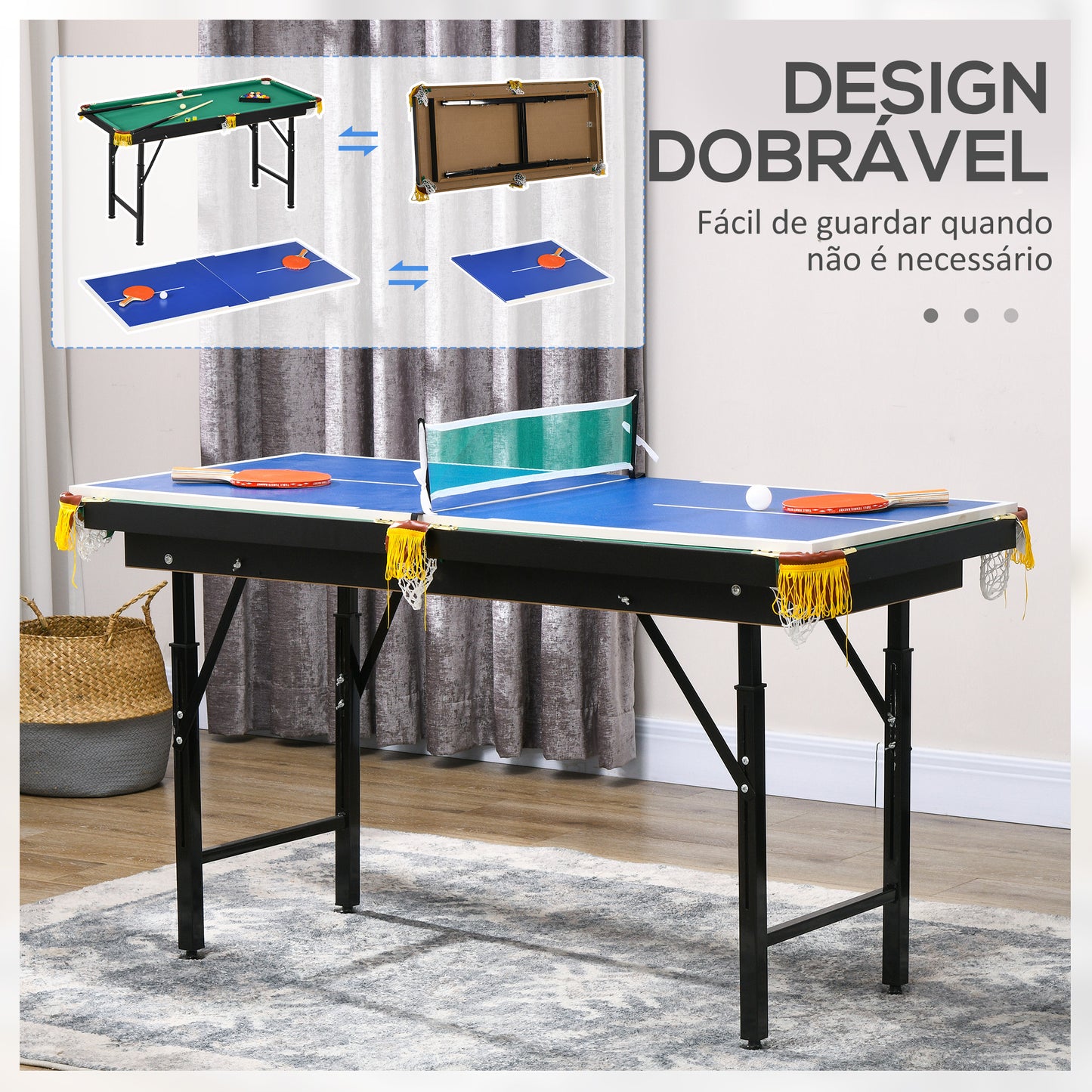 SPORTNOW 2 em 1 Mesa Multijogos para Crianças de 6+ Anos Mesa de Bilhar e Ping Pong Dobrável com Altura Ajustável e Acessórios 140x63x60-80 cm Multicolor