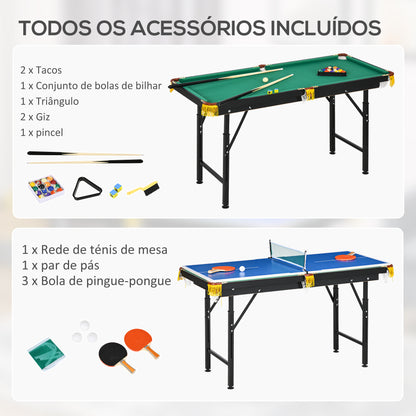 SPORTNOW 2 em 1 Mesa Multijogos para Crianças de 6+ Anos Mesa de Bilhar e Ping Pong Dobrável com Altura Ajustável e Acessórios 140x63x60-80 cm Multicolor