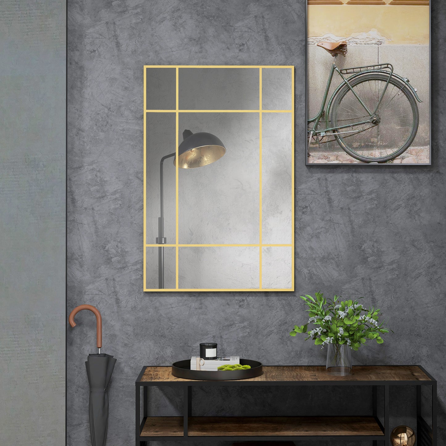 HOMCOM Espelho de Parede Retangular Espelho Estilo Janela 90x60 cm com Moldura de Metal Espelho Decorativo para Sala Quarto Entrada Dourado