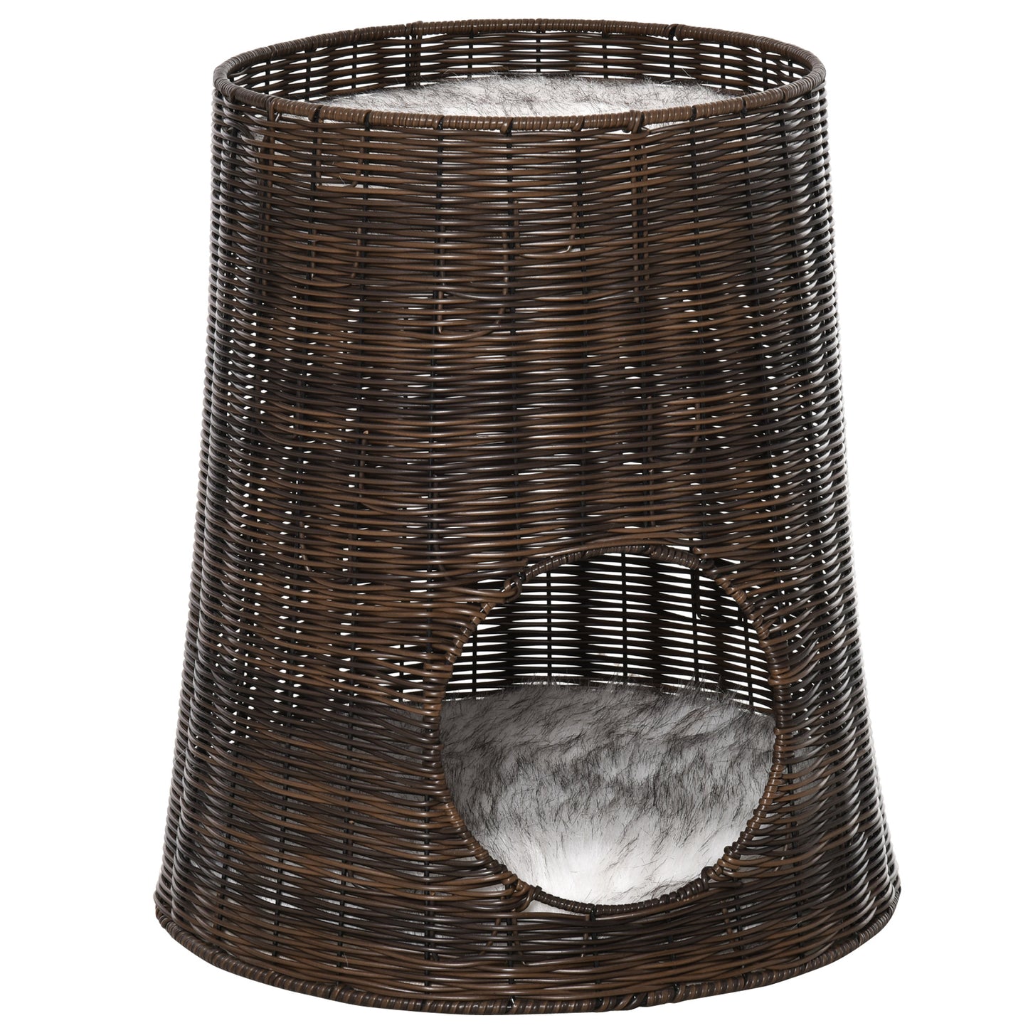 PawHut Cesta de Vime para Gatos Cama Caverna de 2 Níveis com Almofadas Laváveis Ø45x50cm Marrom