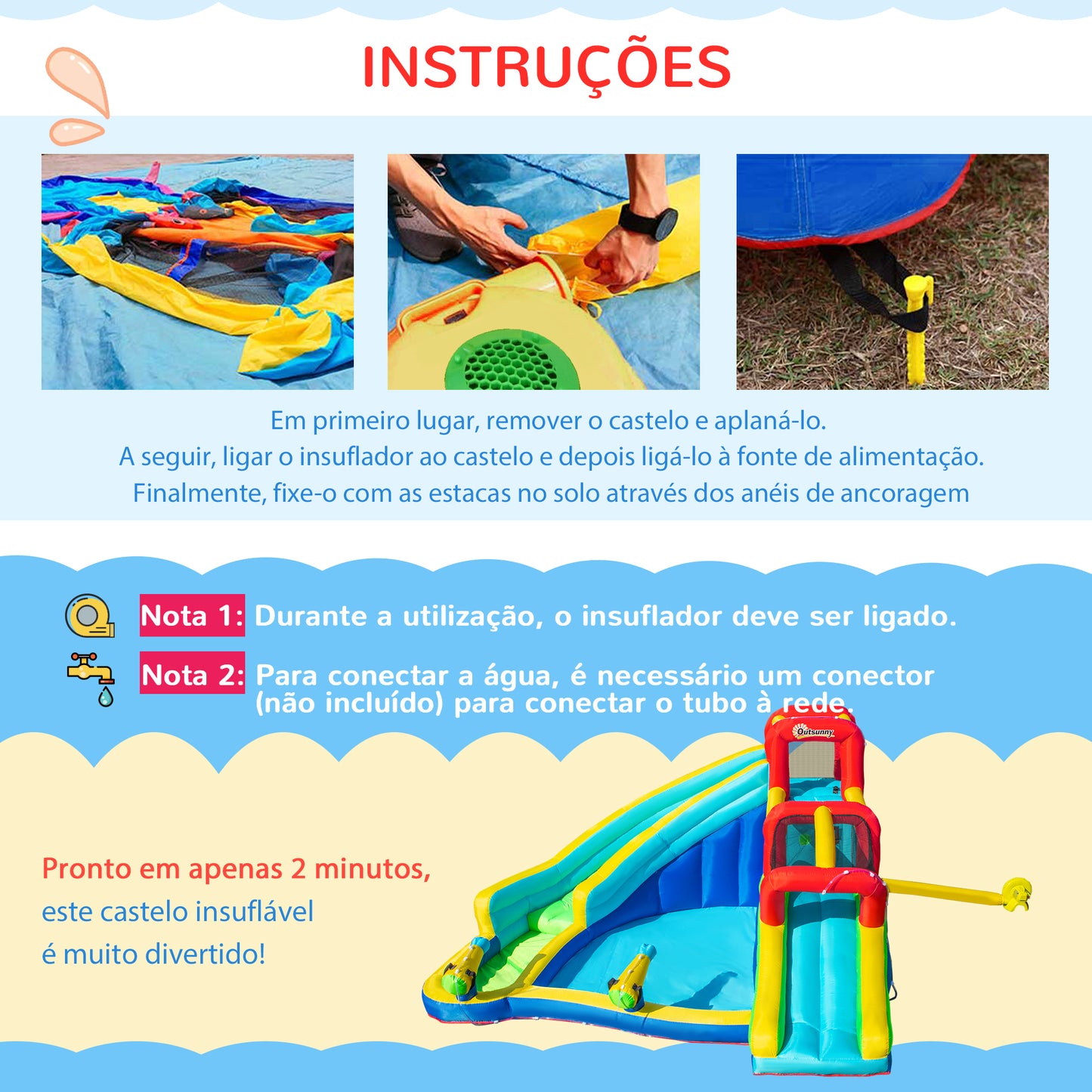 Outsunny Castelo Insuflável com 2 Escorregas Trampolim e Piscina para Crianças acima de 3 Anos Inclui Inflador e Bolsa de Transporte para Interior Exterior 385x365x200cm Multicor