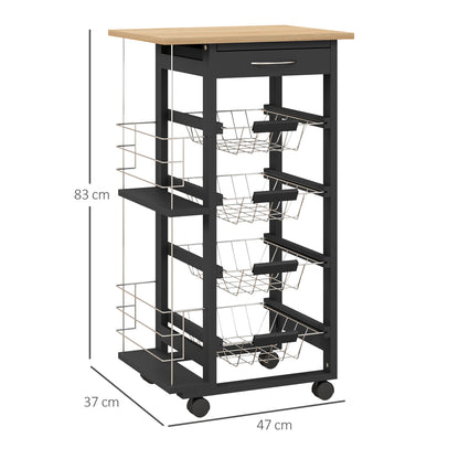 HOMCOM Carrinho de Cozinha com Rodas Carrinho Auxiliar com Gaveta 4 Cestas Amovíveis de Metal e Prateleiras Laterais 47x37x83 cm Preto e Madeira