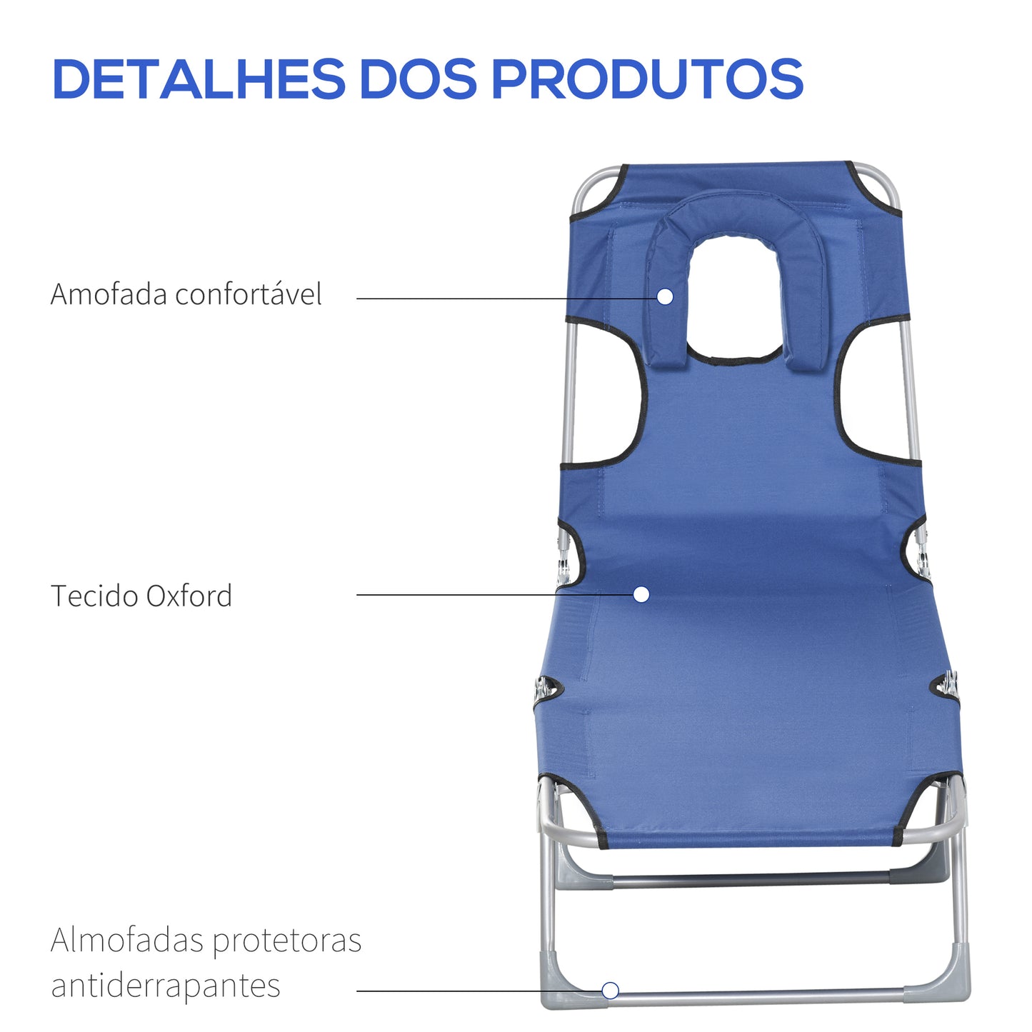 Espreguiçadeira de Jardim Reclinável e Dobrável com Orifício de Leitura Apoio para Cabeça e Encosto Ajustável em 4 Níveis para Praia 182x56x24,5 cm Azul