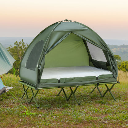 Outsunny Cama Dupla de Campismo Dobrável com Tenda 2 em 1 Cama de Campismo Elevada com Colchão Inflável e Bolsa de Transporte Tecido Oxford Aço 193x145x180cm Verde