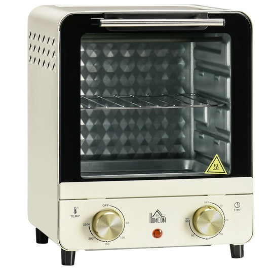 HOMCOM Mini Forno Elétrico 15 Litros 1000W Forno com Temperatura até 230°C Temporizador 60 Minutos Bandeja e Grade 25,5x27,5x32cm Creme