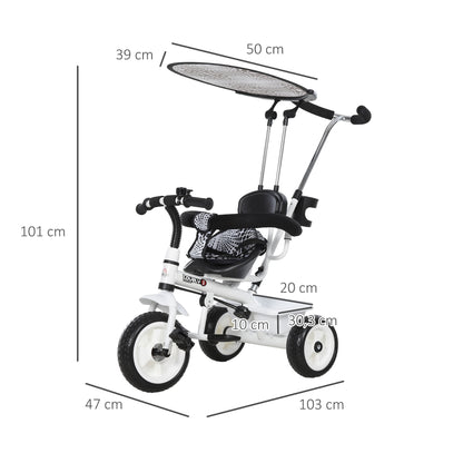 HOMCOM Triciclo para Crianças com Capô Removível e Dobrável 103x47x101cm Branco e Preto