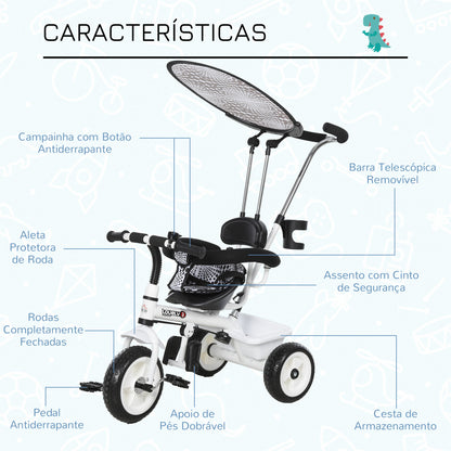 HOMCOM Triciclo para Crianças com Capô Removível e Dobrável 103x47x101cm Branco e Preto