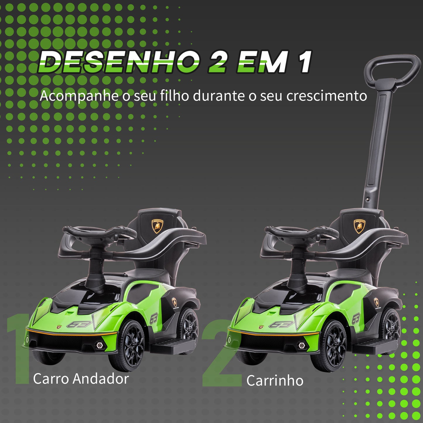 AIYAPLAY 2 em 1 Carro Andador para Crianças 12-36 Meses Lamborghini Essenza SCV2 Carro Andador com Buzina Guiador e Grade de Segurança Removível 86,5x40x89,5cm Verde e Preto