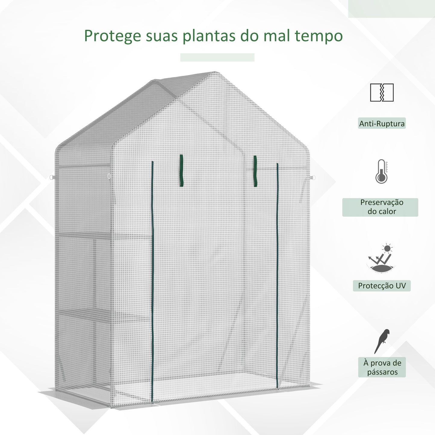 Outsunny Estufa de Jardim 143x73x195cm Estufa de Aço com 2 Prateleiras e Porta Enrolável para Cultivos de Plantas Vasos de Flores Pátio Exterior Branco