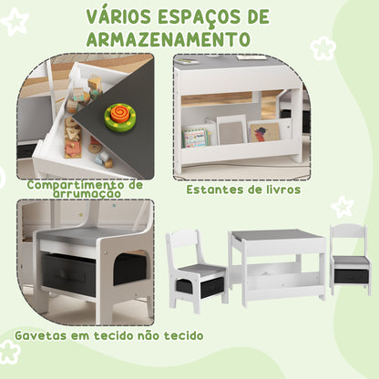 Conjunto de Mesa e 2 Cadeiras Infantis Mesa com Cadeiras para Crianças 2 em 1 com Ardósia Gavetas de Tecido e Espaço de Armazenamento para Quarto Sala de Jogos Cinza