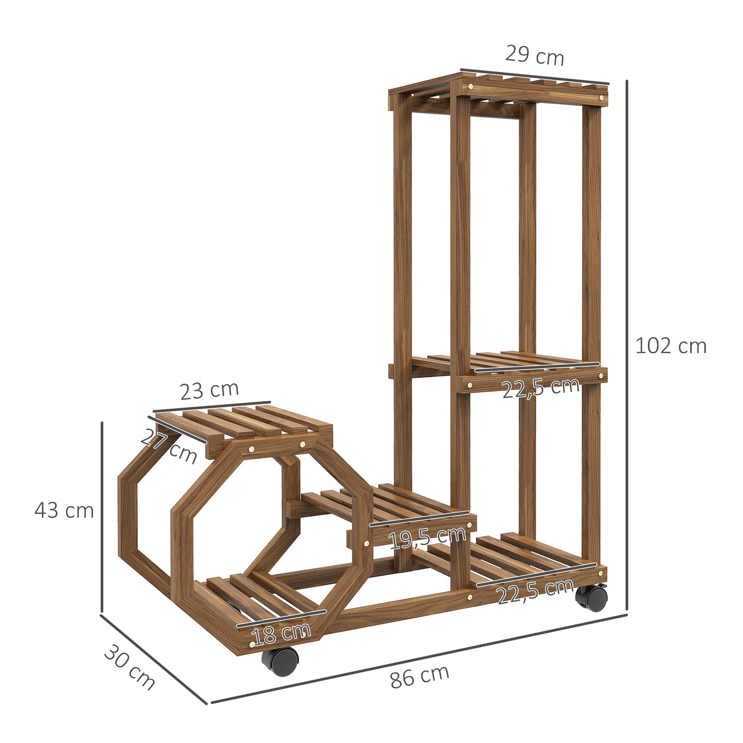 Outsunny Estante para Vasos de 5 Níveis Suporte para Vasos de Plantas de Madeira Suporte para Plantas com Rodas para Interior e Exterior 86x30x102 cm Marrom Carbonizado