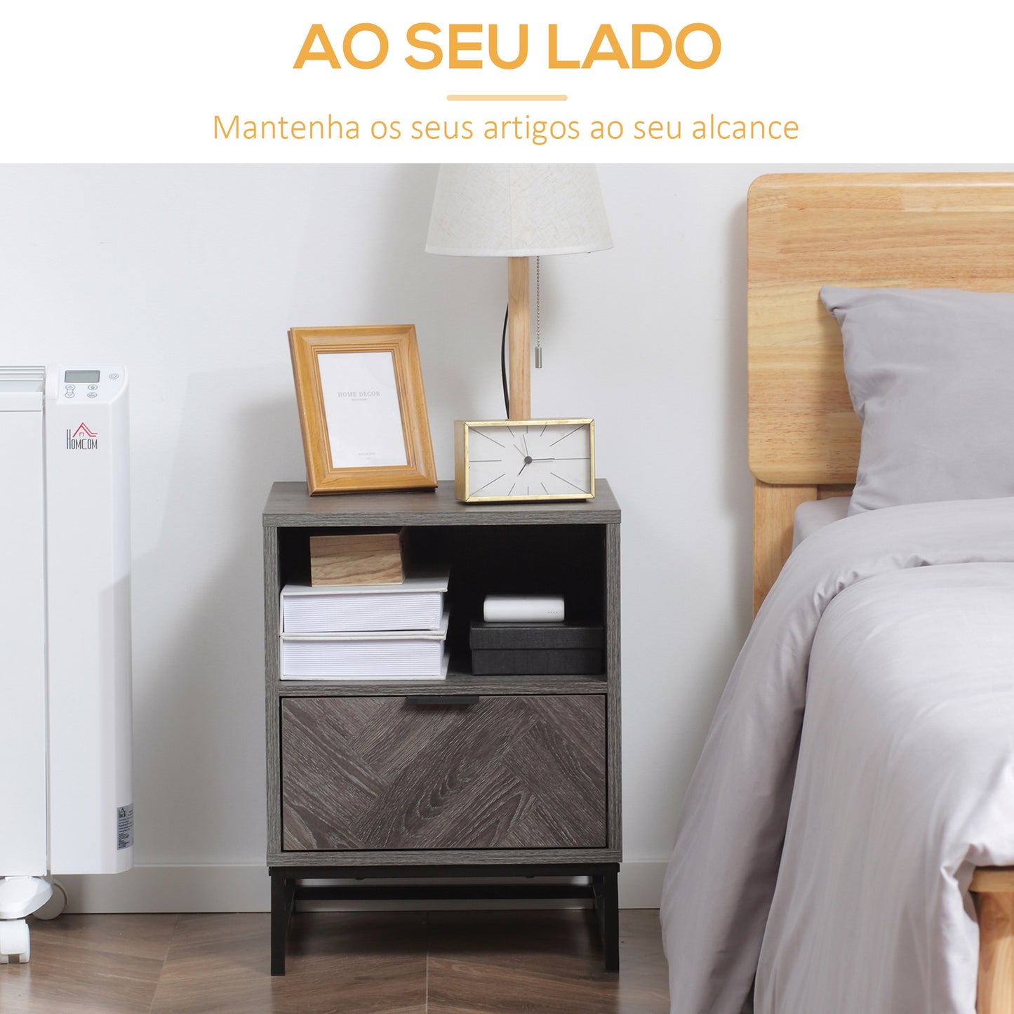 HOMCOM Mesa de Cabeceira com 1 Gaveta Prateleira Aberta e Pés de Aço Mesa de Cabeceira para Dormitório Sala de Estar Escritório Estilo Moderno 40x40x52cm Cinza Escuro