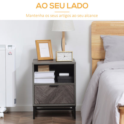 HOMCOM Mesa de Cabeceira com 1 Gaveta Prateleira Aberta e Pés de Aço Mesa de Cabeceira para Dormitório Sala de Estar Escritório Estilo Moderno 40x40x52cm Cinza Escuro