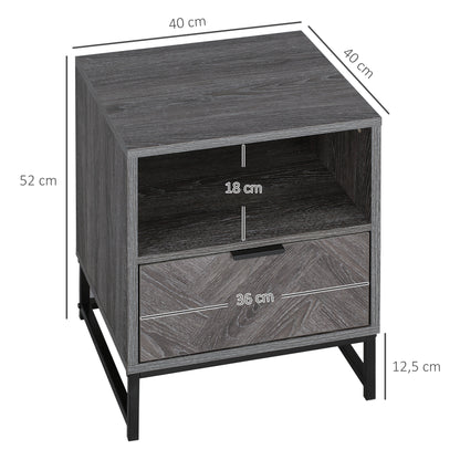 HOMCOM Mesa de Cabeceira com 1 Gaveta Prateleira Aberta e Pés de Aço Mesa de Cabeceira para Dormitório Sala de Estar Escritório Estilo Moderno 40x40x52cm Cinza Escuro