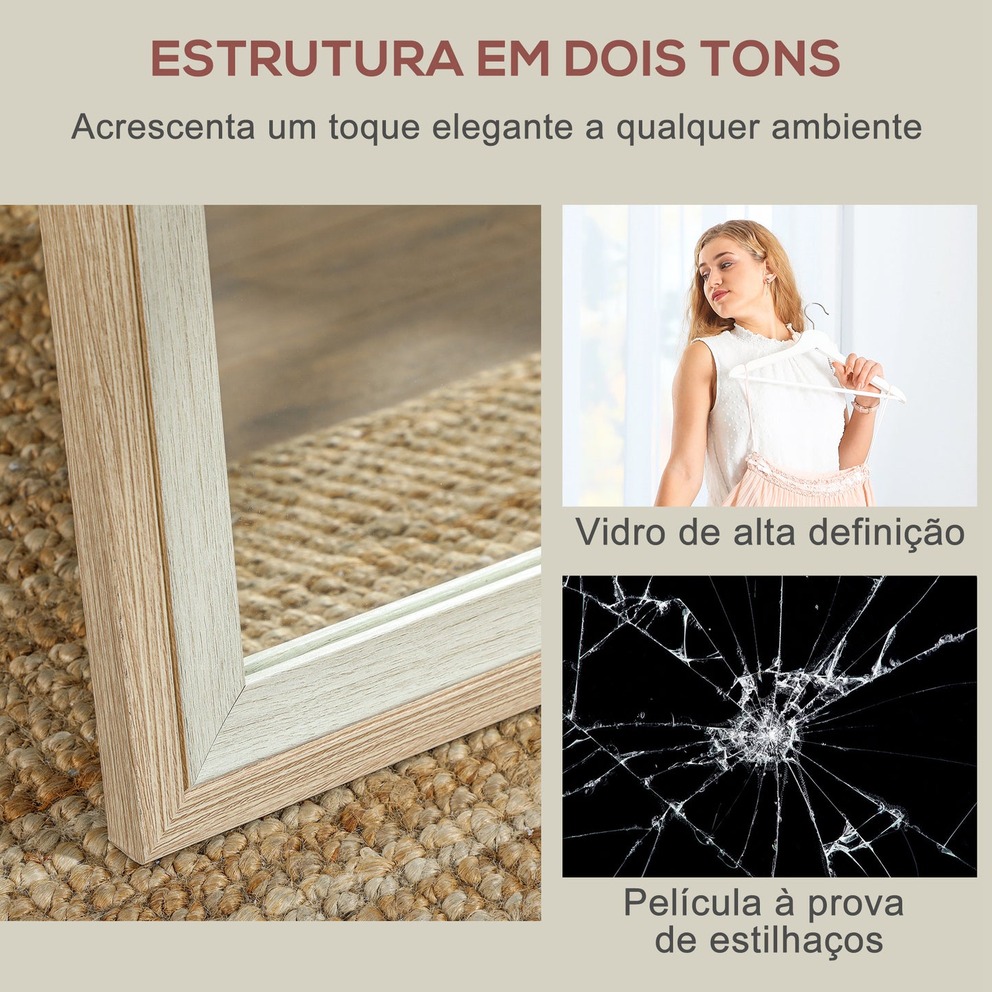 HOMCOM Espelho de Pé 37x157 cm Espelho de Corpo Inteiro com Estrutura de MDF e Suporte para Sala de Estar Dormitório Branco e Madeira Clara