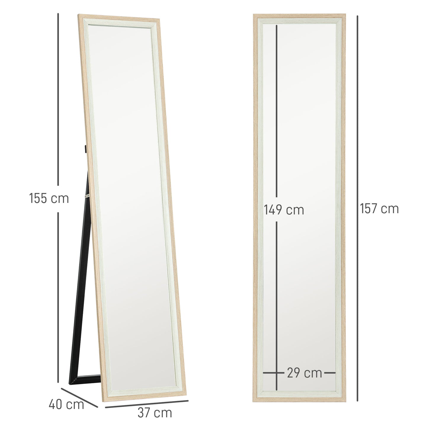 HOMCOM Espelho de Pé 37x157 cm Espelho de Corpo Inteiro com Estrutura de MDF e Suporte para Sala de Estar Dormitório Branco e Madeira Clara