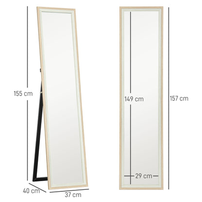 HOMCOM Espelho de Pé 37x157 cm Espelho de Corpo Inteiro com Estrutura de MDF e Suporte para Sala de Estar Dormitório Branco e Madeira Clara