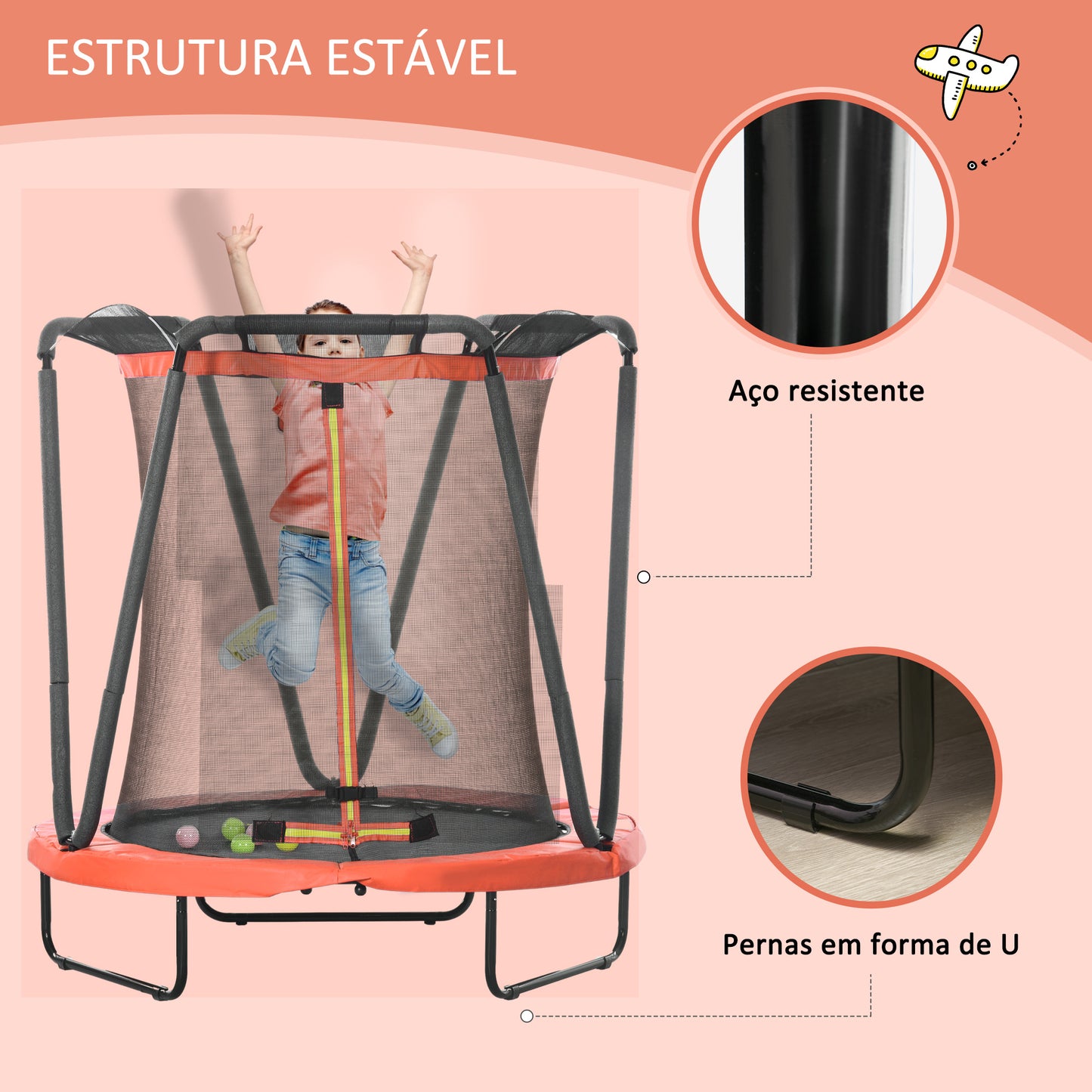 ZONEKIZ Trampolim Infantil Ø140x155 cm Trampolim para Crianças de 3-10 Anos com Rede de Segurança Cesta de Basquetebol e 20 Bolas de Plástico para Interior Vermelho