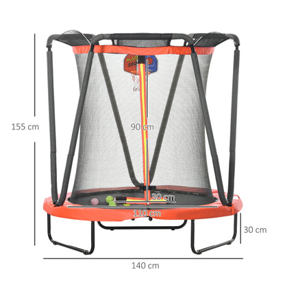 ZONEKIZ Trampolim Infantil Ø140x155 cm Trampolim para Crianças de 3-10 Anos com Rede de Segurança Cesta de Basquetebol e 20 Bolas de Plástico para Interior Vermelho