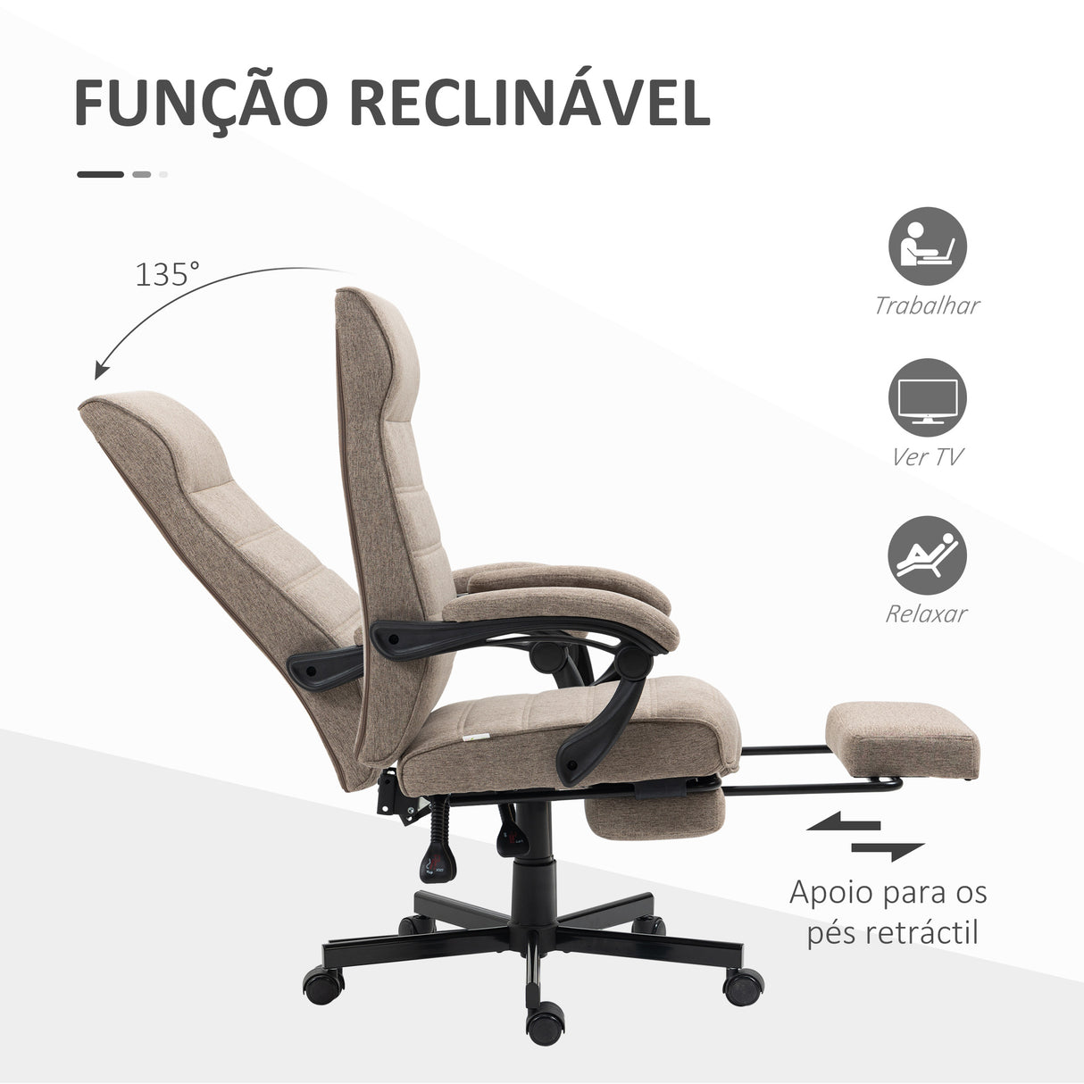 Vinsetto Cadeira de Escritório Giratória Cadeira de Escritório Reclinável com Altura Ajustável Apoio para os Braços Apoio para os Pés Retrátil para Sala de Estar Escritório Estúdio Carga 20kg 68x67x106-114cm Marrom