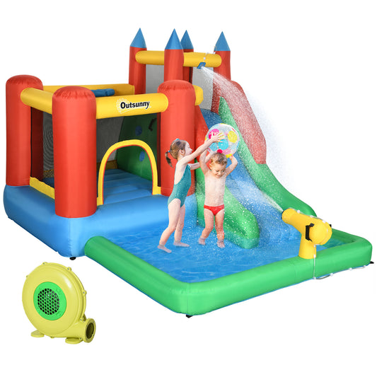 Outsunny Castelo Insuflável com Escorrega Trampolim Piscina e Pistola de Água para Crianças acima de 3 Anos com Inflador e Bolsa de Transporte para Interior Exterior 330x245x215cm Multicor