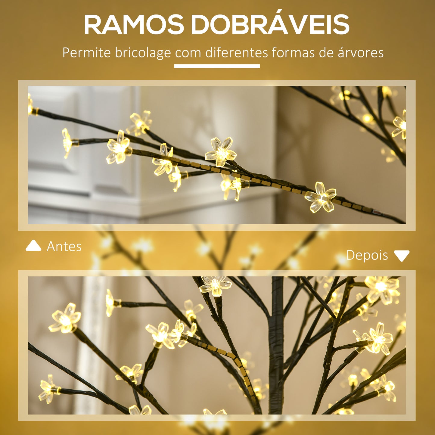 HOMCOM Árvore de Cerejeira com 120 Luzes LED IP44 Branco Quente Candeeiro Decorativo de Flor de Cereja com Ramos Flexíveis para Sala de Estar Festas Interiores 17x17x120cm Preto