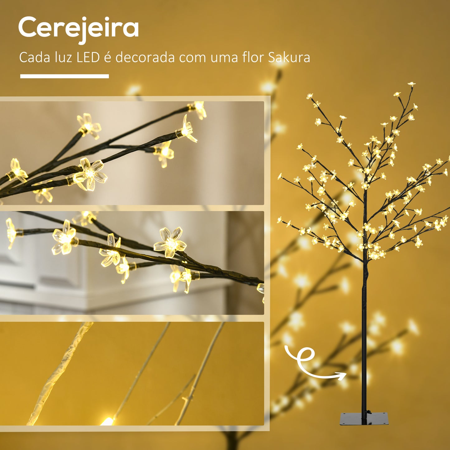 HOMCOM Árvore de Cerejeira com 120 Luzes LED IP44 Branco Quente Candeeiro Decorativo de Flor de Cereja com Ramos Flexíveis para Sala de Estar Festas Interiores 17x17x120cm Preto