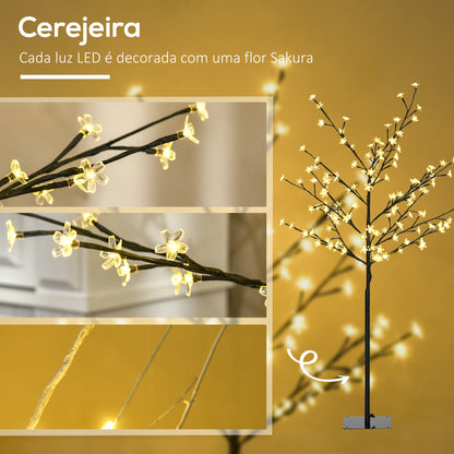 HOMCOM Árvore de Cerejeira com 120 Luzes LED IP44 Branco Quente Candeeiro Decorativo de Flor de Cereja com Ramos Flexíveis para Sala de Estar Festas Interiores 17x17x120cm Preto