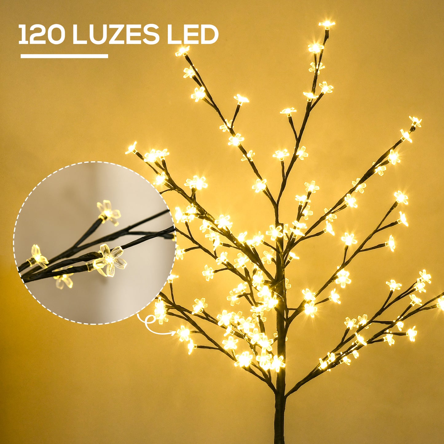 HOMCOM Árvore de Cerejeira com 120 Luzes LED IP44 Branco Quente Candeeiro Decorativo de Flor de Cereja com Ramos Flexíveis para Sala de Estar Festas Interiores 17x17x120cm Preto