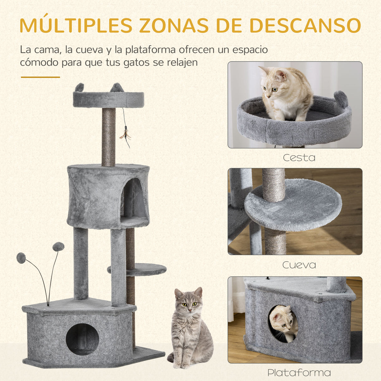 PawHut Árvore Arranhadora para Gatos 60x40x133cm Torre para Gatos com Caverna de Feltro Removível Cama de Pelúcia Suave Postes Arranhadores de Sisal Natural e Brinquedos Cinza