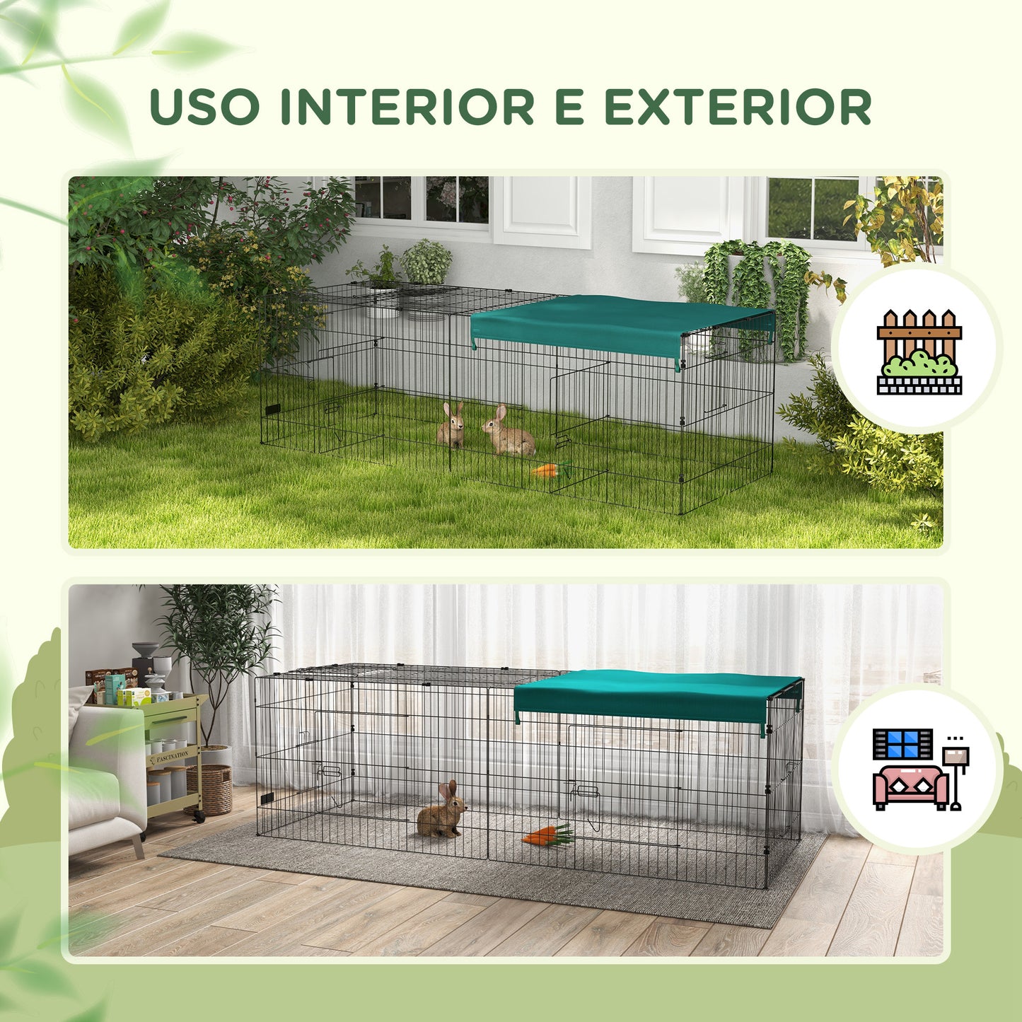 PawHut Gaiola para Animais Pequenos Gaiola para Roedores de Aço com Porta e Toldo para Coelhos Chinchilas Galinhas 220x85x70 cm Verde