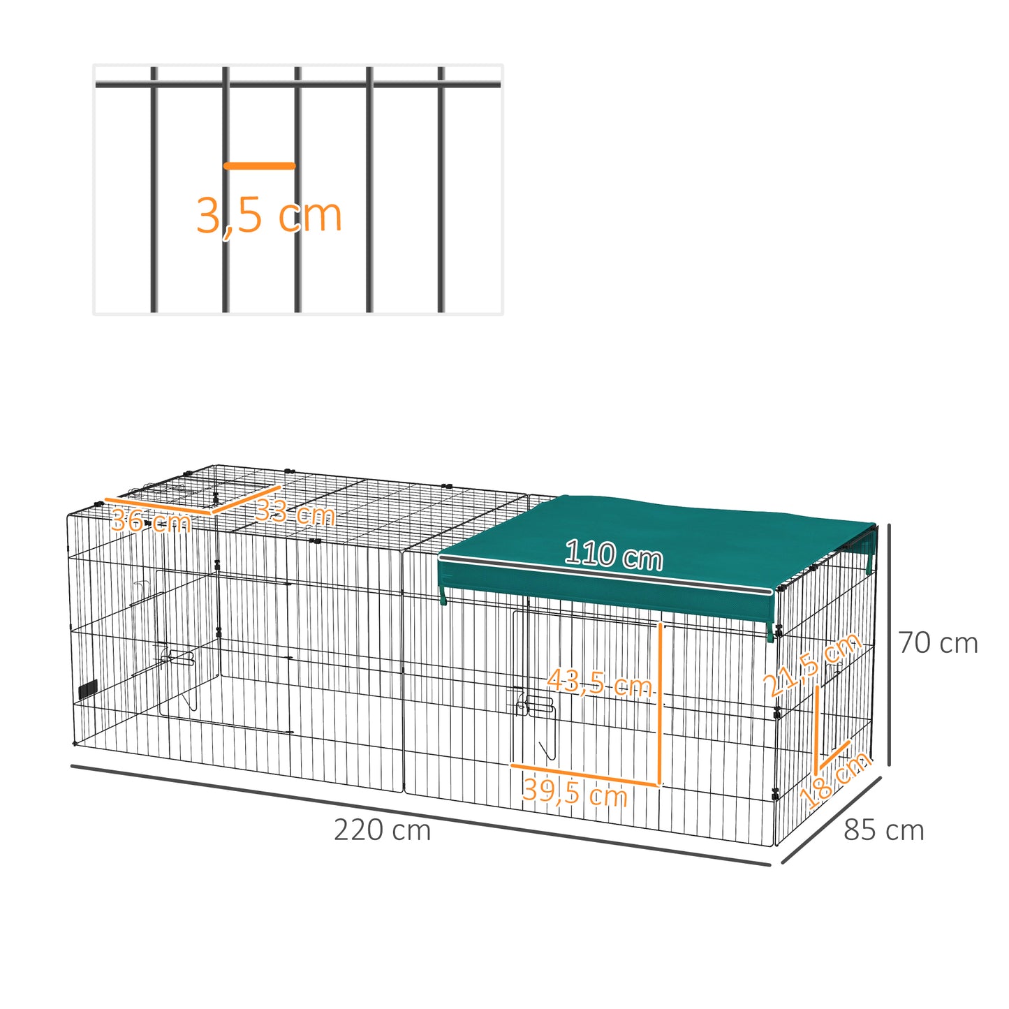 PawHut Gaiola para Animais Pequenos Gaiola para Roedores de Aço com Porta e Toldo para Coelhos Chinchilas Galinhas 220x85x70 cm Verde