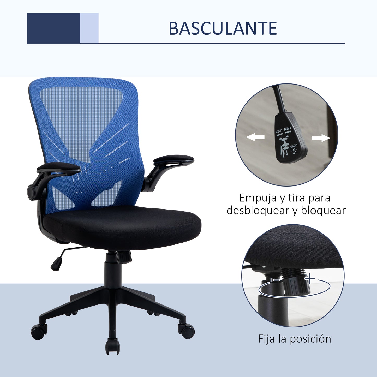 Vinsetto Cadeira de Escritório Ergonômica Cadeira de Escritório Giratória com Altura Ajustável Apoio para os Braços e Suporte Lombar Transpirável 62x59x99-107cm Azul e Preto