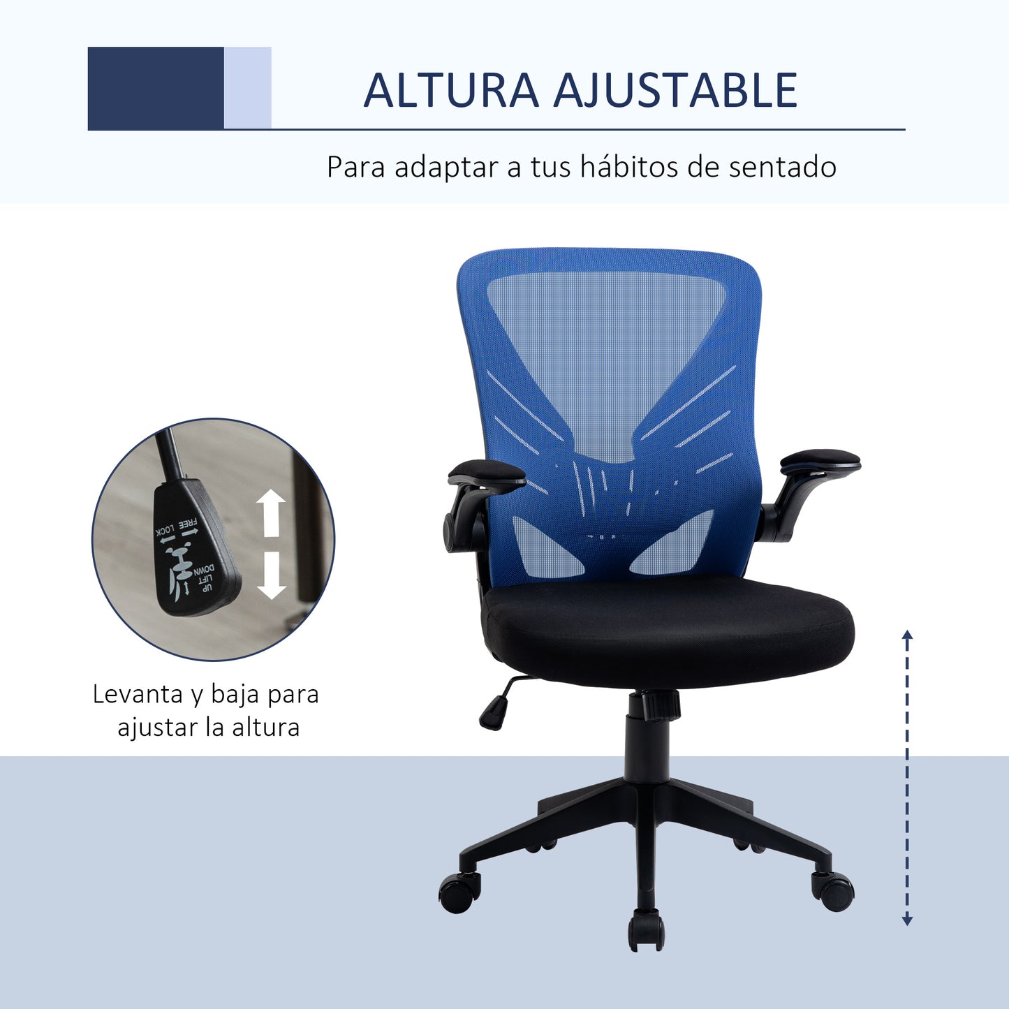 Vinsetto Cadeira de Escritório Ergonômica Cadeira de Escritório Giratória com Altura Ajustável Apoio para os Braços e Suporte Lombar Transpirável 62x59x99-107cm Azul e Preto