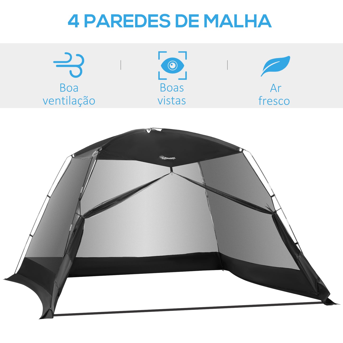 Outsunny Tenda de Jardim 3x3x2m Tenda para 4-6 Pessoas com 4 Telas Mosquiteiras e Porta Incluí Bolsa de Transporte Proteção Solar para Campismo Viagens Exterior Preto