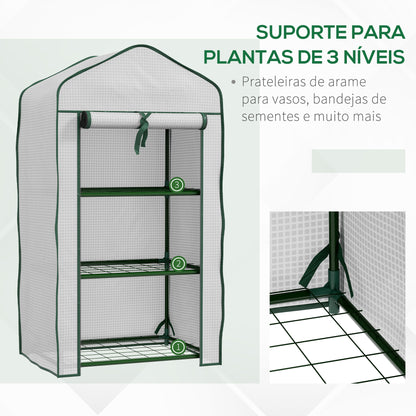 Outsunny Estufa de Jardim de 3 Níveis Estufa de Terraço com 3 Prateleiras 1 Porta com Fecho de Correr para Cultivo de Plantas Flores Vegetais 59x39x127 cm Branco