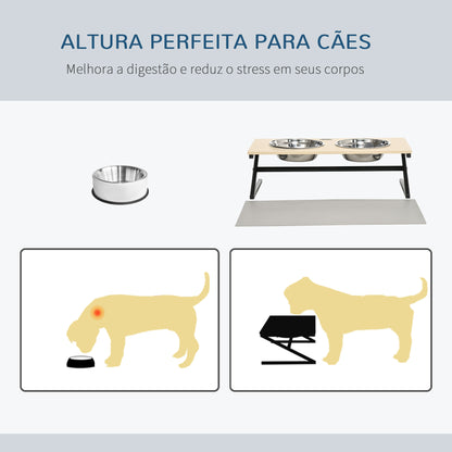 PawHut Comedouro Elevado para Cães Alimentador para Cães com 2 Tigelas de Aço Inoxidável 1100ml com Tapete Antiderrapante Comedouro Lento para Animais Médios 60x30x18,5cm Carvalho