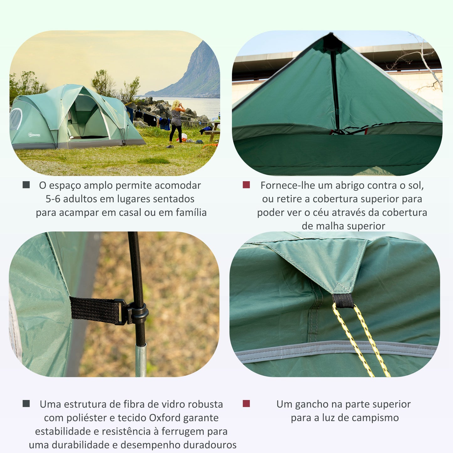 Outsunny Tenda de Campismo para 5-6 Pessoas Impermeável 3000mm+ Anti UV com Bolsa de Transporte e Gancho para Luz 455x230x180cm Verde