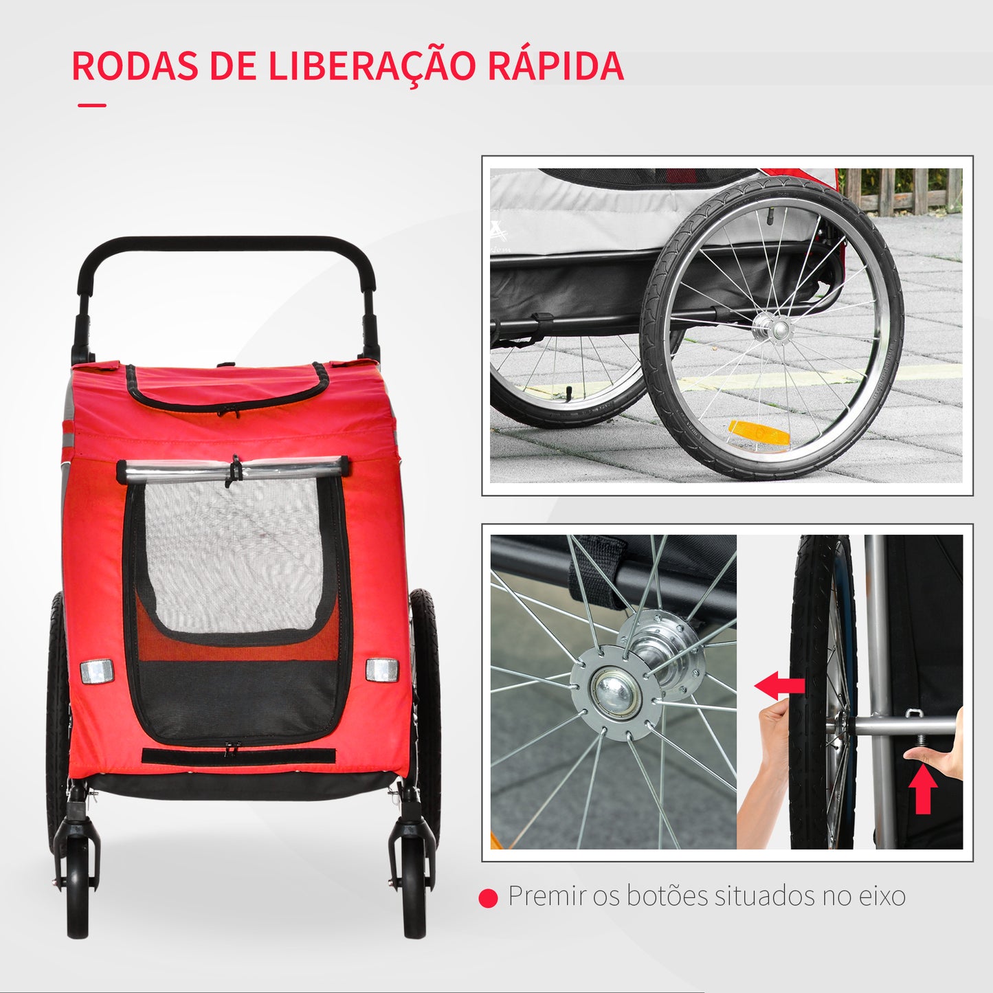 PawHut Reboque de Bicicleta para Cães 2 em 1 Transporte para Animais de Estimação com Porta Enrolável Janelas Cinto de Segurança Bandeira e 6 Refletores 140x72,5x108 cm Vermelho