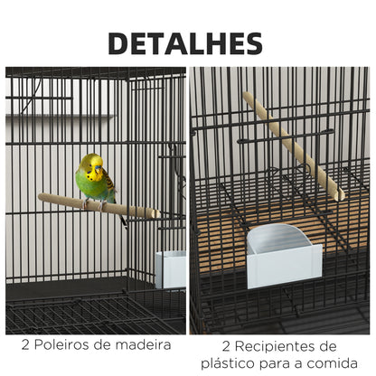 PawHut Gaiola para Pássaros 77x46x45 cm Gaiola de Metal para Pássaros com Bandeja Amovível 2 Poleiros e 2 Comedouros para Periquitos Canários Preto