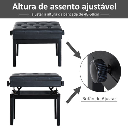 Banco de Piano com Espaço de Armazenamento Altura Ajustável com Assento Acolchoado Carga 200 kg 54,5x33x48-58 cm Preto